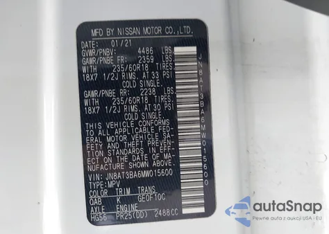 2021 Nissan Rogue Sv Fwd z USA, uszkodzony, nr VIN JN8AT3BA6MW015600